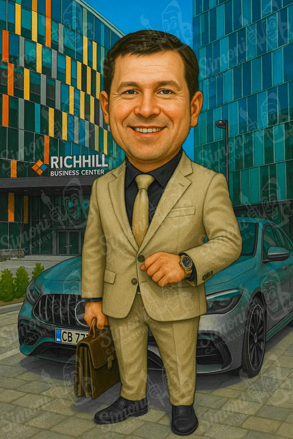 Карикатура на бизнесмен пред бизнес център с костюм и куфар, персонализиран портрет, Simoni Caricatures.