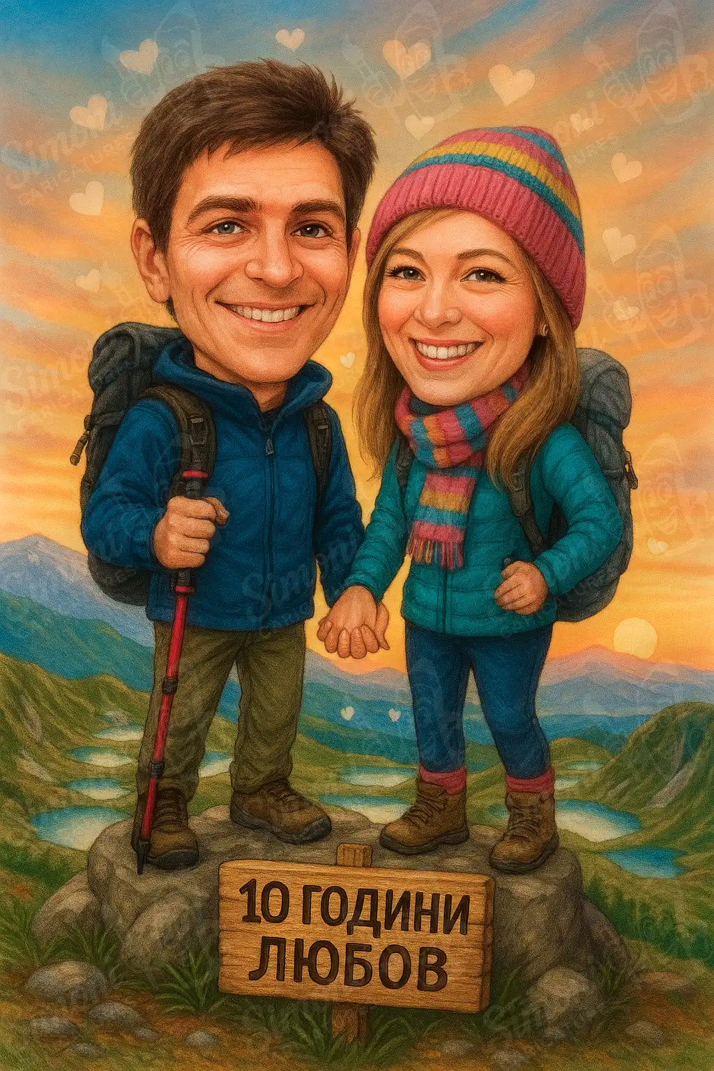 Карикатура на двойка с раници на планина при залез, тематичен портрет и персонализиран подарък, Simoni Caricatures.