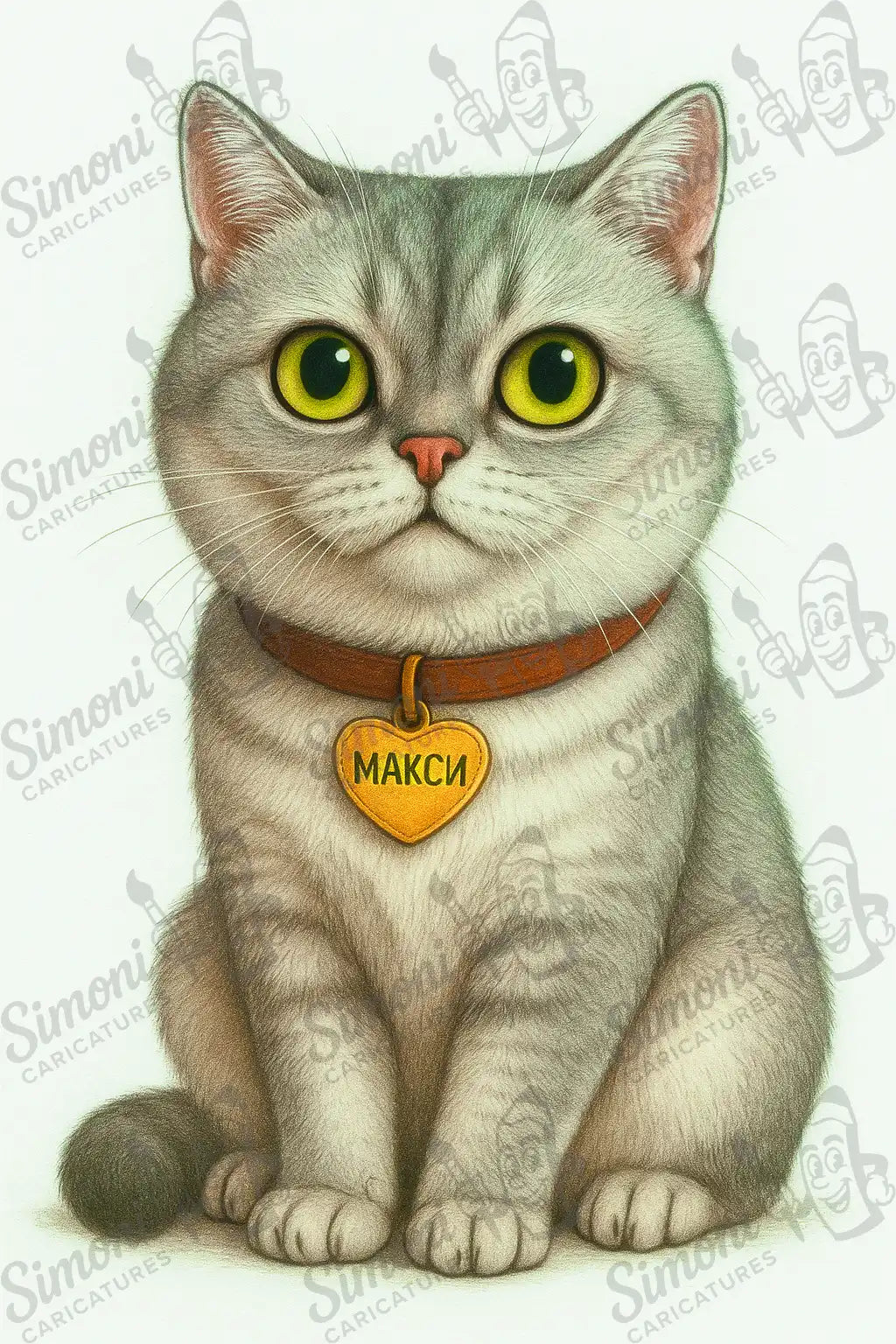 Карикатура на сива котка с жълт медальон с надпис "Макси" – Simoni Caricatures, персонализиран подарък