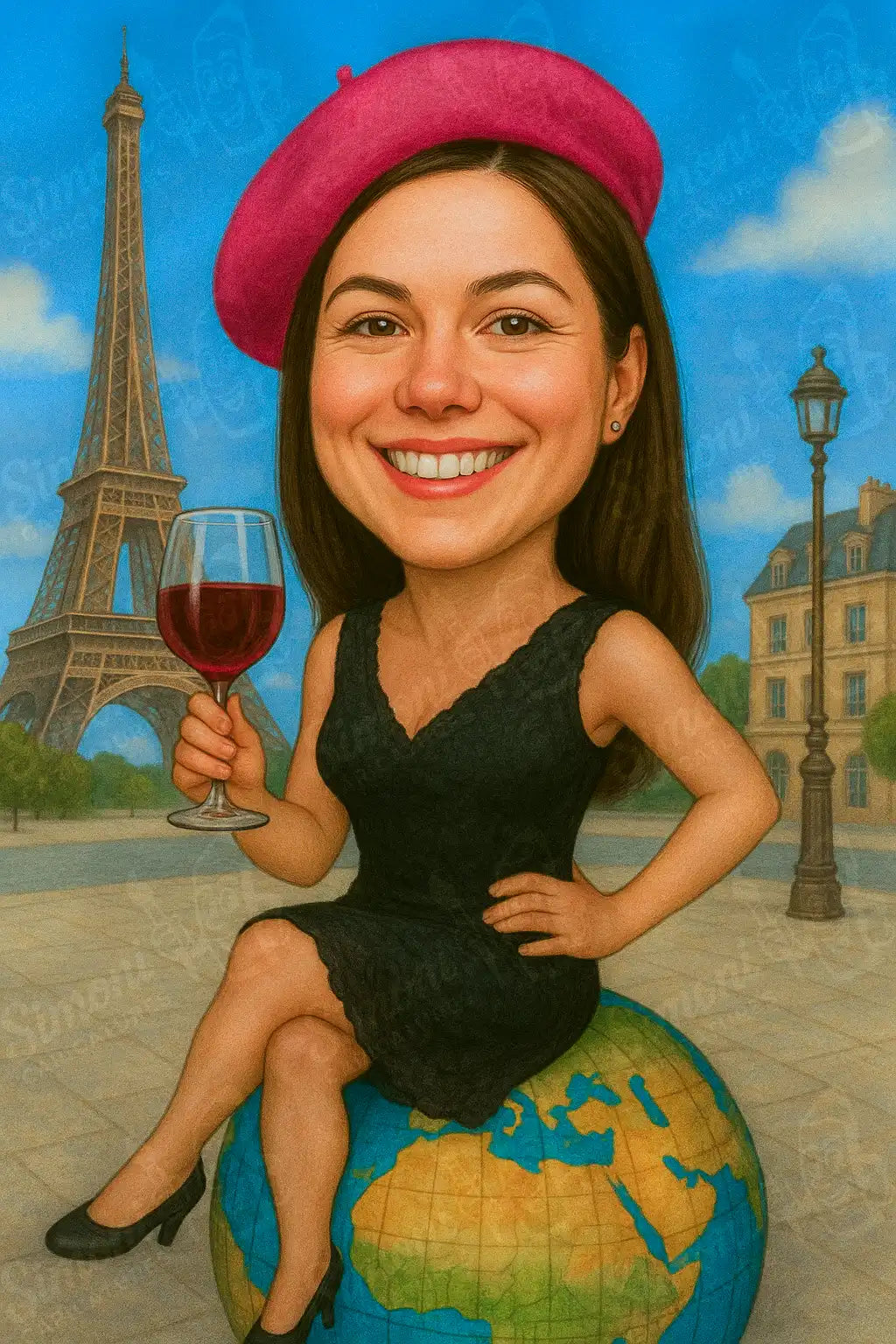 Карикатура на жена с дълга кафява коса, носеща розово баре, черна рокля и черни обувки на ток, държаща чаша с червено вино, седнала върху земното кълбо на фон Айфеловата кула и сгради, ясносиньо небе с облаци, стил Simoni Caricatures.