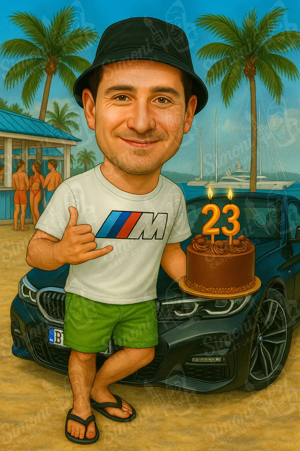 Карикатура на момченце за първи рожден ден с балони, син биберон и торта с мече и име Самуил. Персонализирана детска илюстрация.