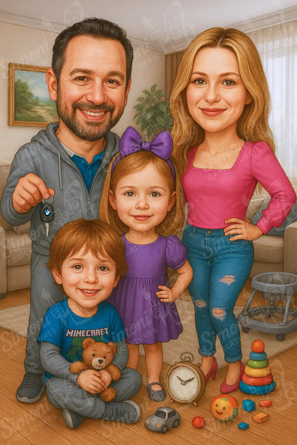 Карикатура на усмихнато семейство с две деца в дневна, персонализирани подаръци, портрети, Simoni Caricatures.