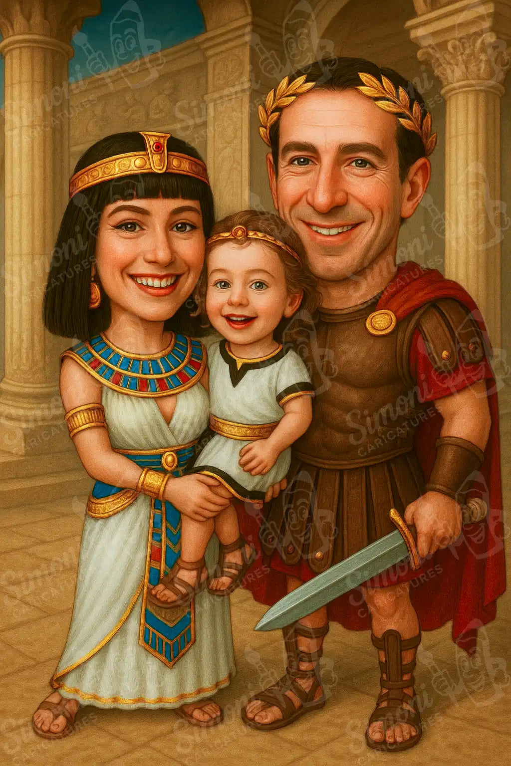 Карикатура на семейство в древноримски стил – Клеопатра, римски воин и дете от Simoni Caricatures