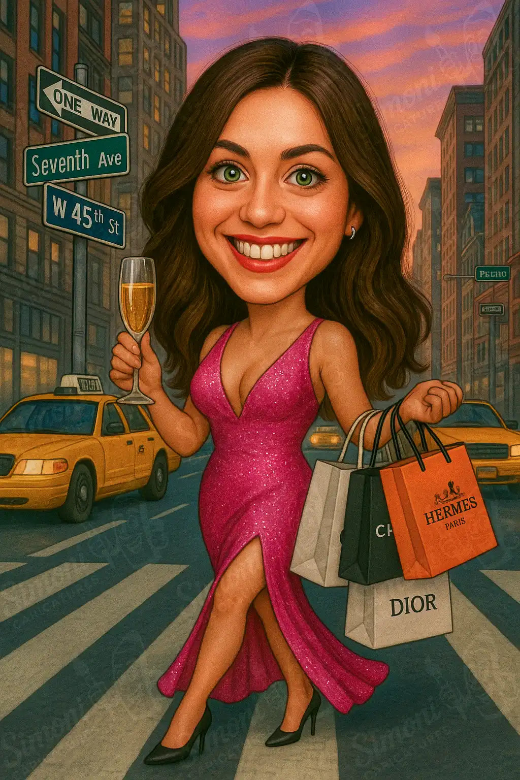 Карикатура на жена в розова рокля с пазарски чанти и чаша в ръка, градска сцена в Ню Йорк - Америка, персонализиран портрет Simoni Caricatures.