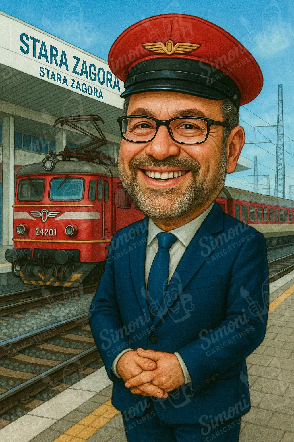 Карикатура на усмихнат машинист на гара Стара Загора с влак, персонализиран портрет Simoni Caricatures.